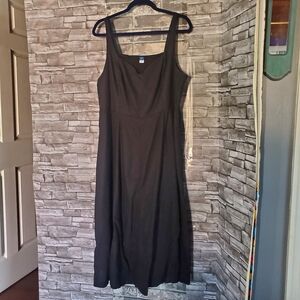 Fit & Flare Linen Blend Black Midi Dress Babydoll Peasant Bohemian Sleeveless
